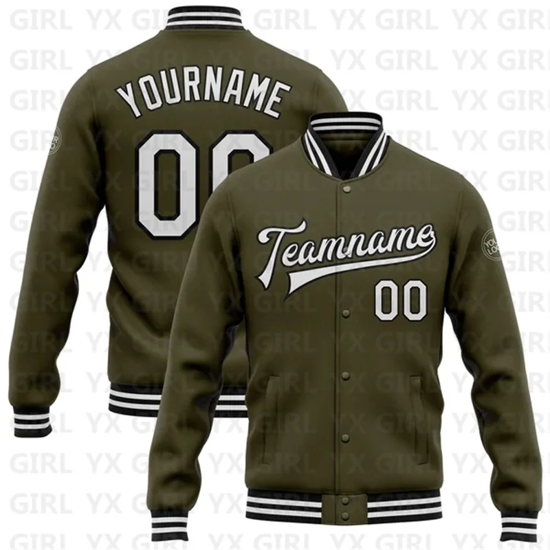 

Custom Olive White-Black Bomber Full-Snap Varsity Letterman Salute To Service Jacket 3D Printed Baseball Button Jacket