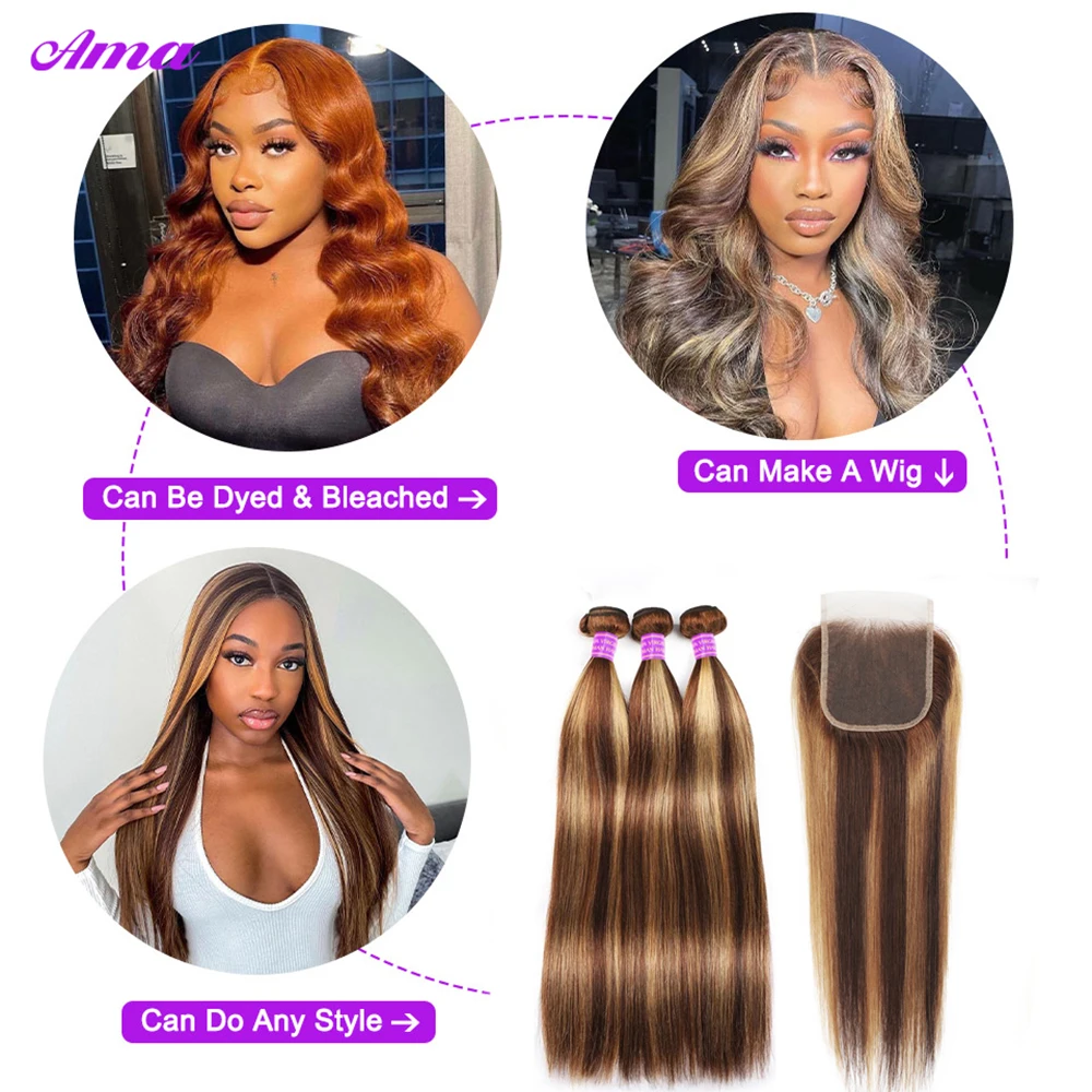 Highlight Bundles With Frontal 13x4 4x4 Inch Straight Bundles With Frontal Closure Honey Blonde Human Hair Bundles With Frontal