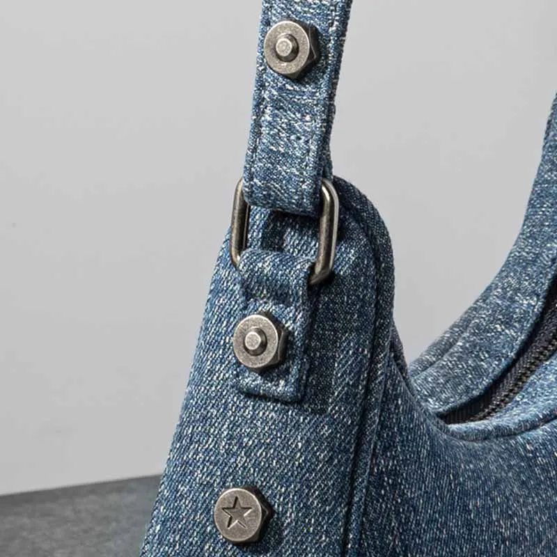 New Saddle Bag Underarm Bag Denim Rivet One Shoulder Handheld Women's Bag Personalized Fashion Punk Style Tote Sets Female Bags