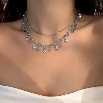 2 Pcs/Set Zircon Shell Choker Necklace for Women Double Layer Imitation Pearl Butterfly Clavicle Chain Anklet Party Jewelry Gift