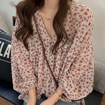 V-neck Chiffon Shirt Women Sweet Tops Blouse 2025 Spring Korean Floral Print Long Sleeve Casual Loose Slim Lady Clothes New 9307 1