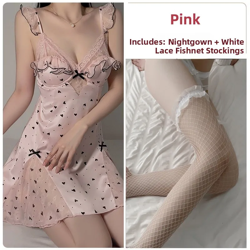 Pink [nightgown] + white lace fishnet stockings with breast pads
