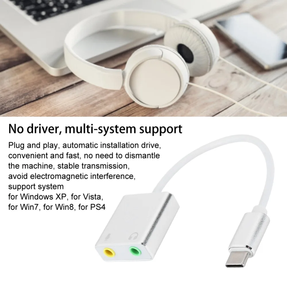 7.1 채널 USB 사운드 카드 3.5mm 여성용 알루미늄 합금 Type-C - 3.5mm 오디오 어댑터 드라이브 없이 플러그 앤 플레이 가능