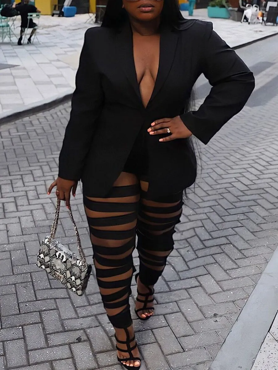 Plus Size Cut-Out Blazer Pants Set Sexy Street Solid Hollowed Out Turn-back Collar Two Piece Patchwork Long Sleeve Matching Suit