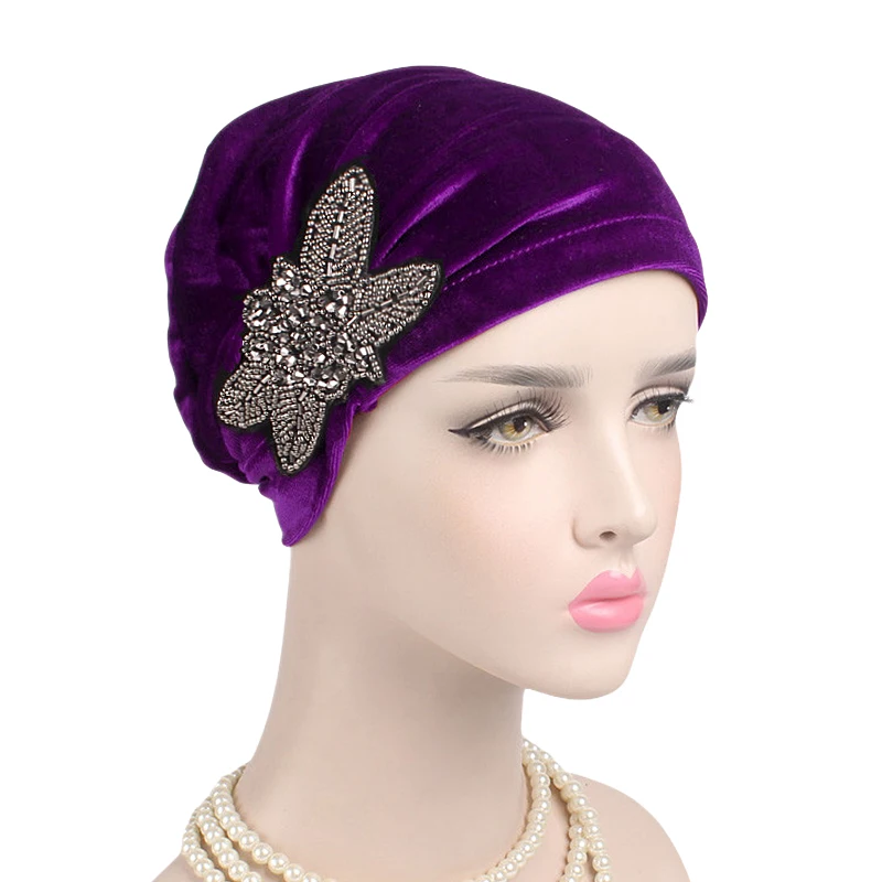 New Women's Elegant Velvet turban beanie with beaded flower Hat Bonnet Cancer Chemo CapMuslim Under Hijab Cap Ladies Bandanas 6