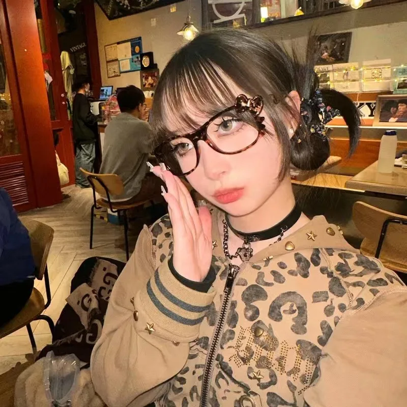 레트로 헬로 키티 레오파드 무늬 안경테, 귀여운 Y2K 핫티 풀 프레임 안경, 소녀 생일 선물, 카와이 소녀 액세서리