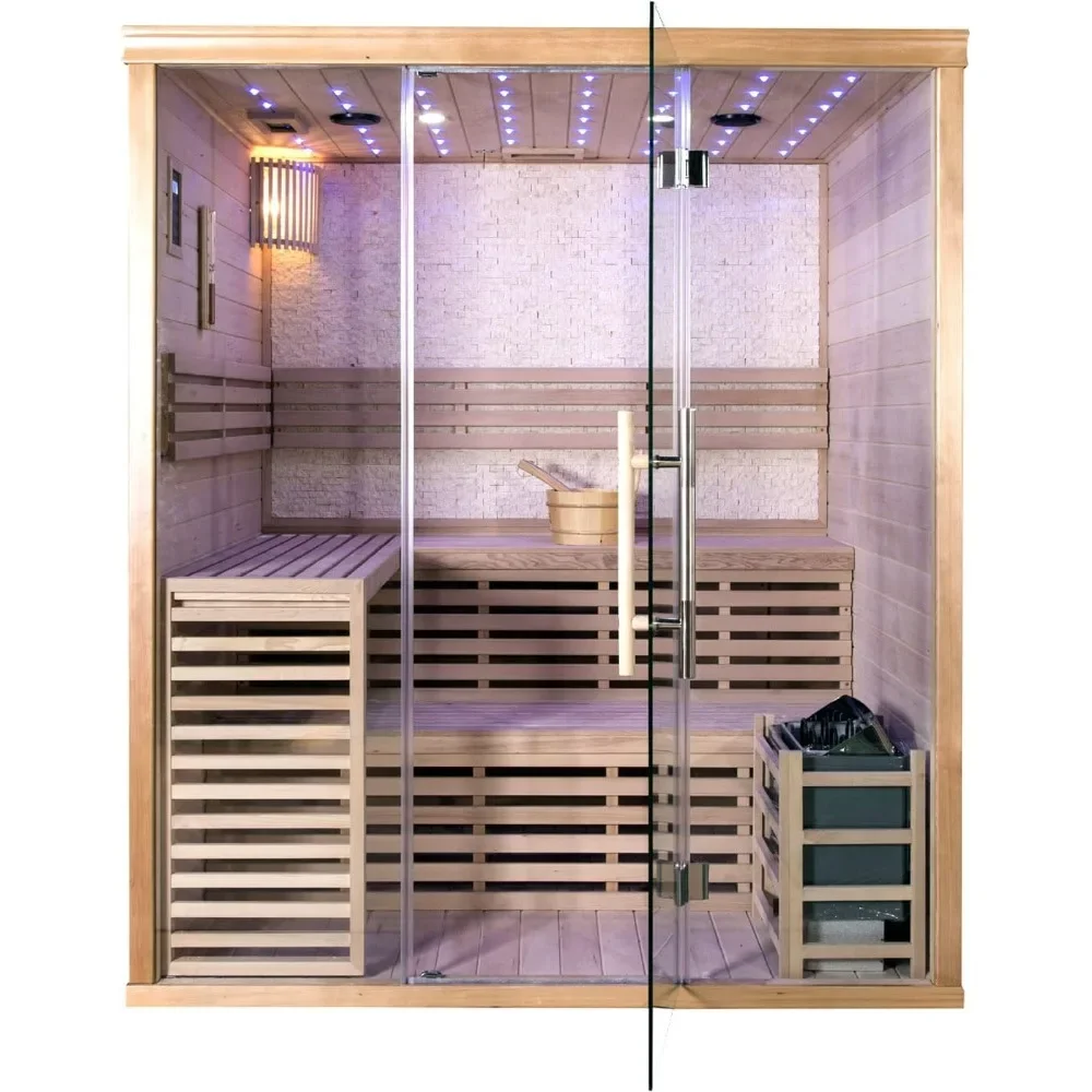 Hemlock Wood Traditional Wet or Dry 4-5 Person Glass Wall Sauna, with 6KW Heater, Rocks, Water Bucket, Ladle, LED Lights, Sauna 6