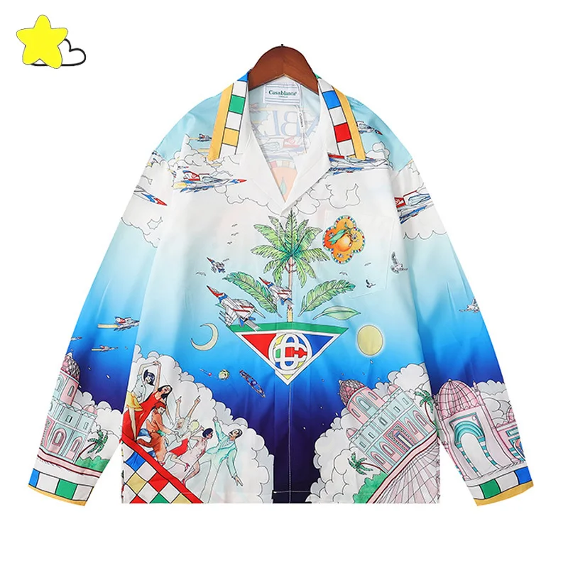 

Men Women Hip Hop Trees Fruits Full Printing V-Neck Shirts Men Women 1:1 Hawaiian Style Casablanca Long Sleeve Shir With Tags