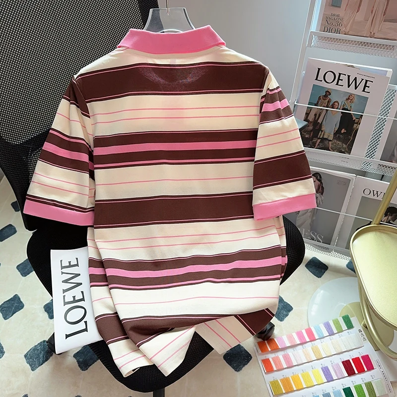 Short Sleeved T-shirt Women's Summer 2023 Trendy Stripe Polo Top Large Women's Shirts 2