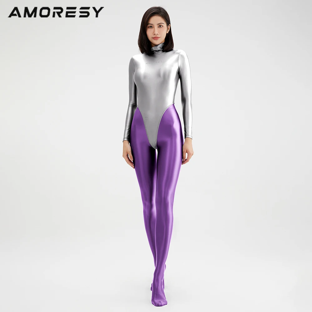 Women Sexy Oil Glossy One Piece Swimsuit Tights Long Sleeve Smooth High Neck Thong Back Zipper Surfing Swimsuit Bodysuit one piece swimsuit women swimsuit