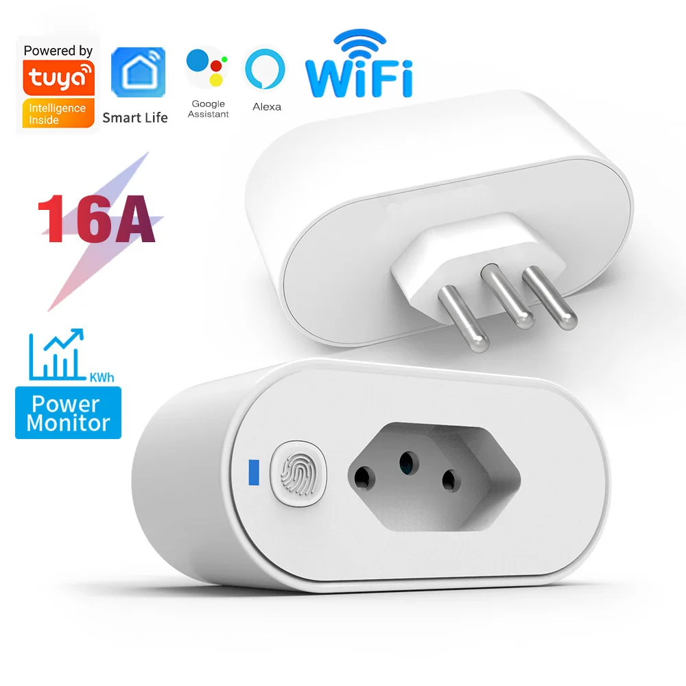 Переходник JHJCH Tuya с бразильской вилкой, 16 А, WIFI или zigbee, розетка с монитором питания, умное управление розеткой, голосовое управление для Google Home Alexa