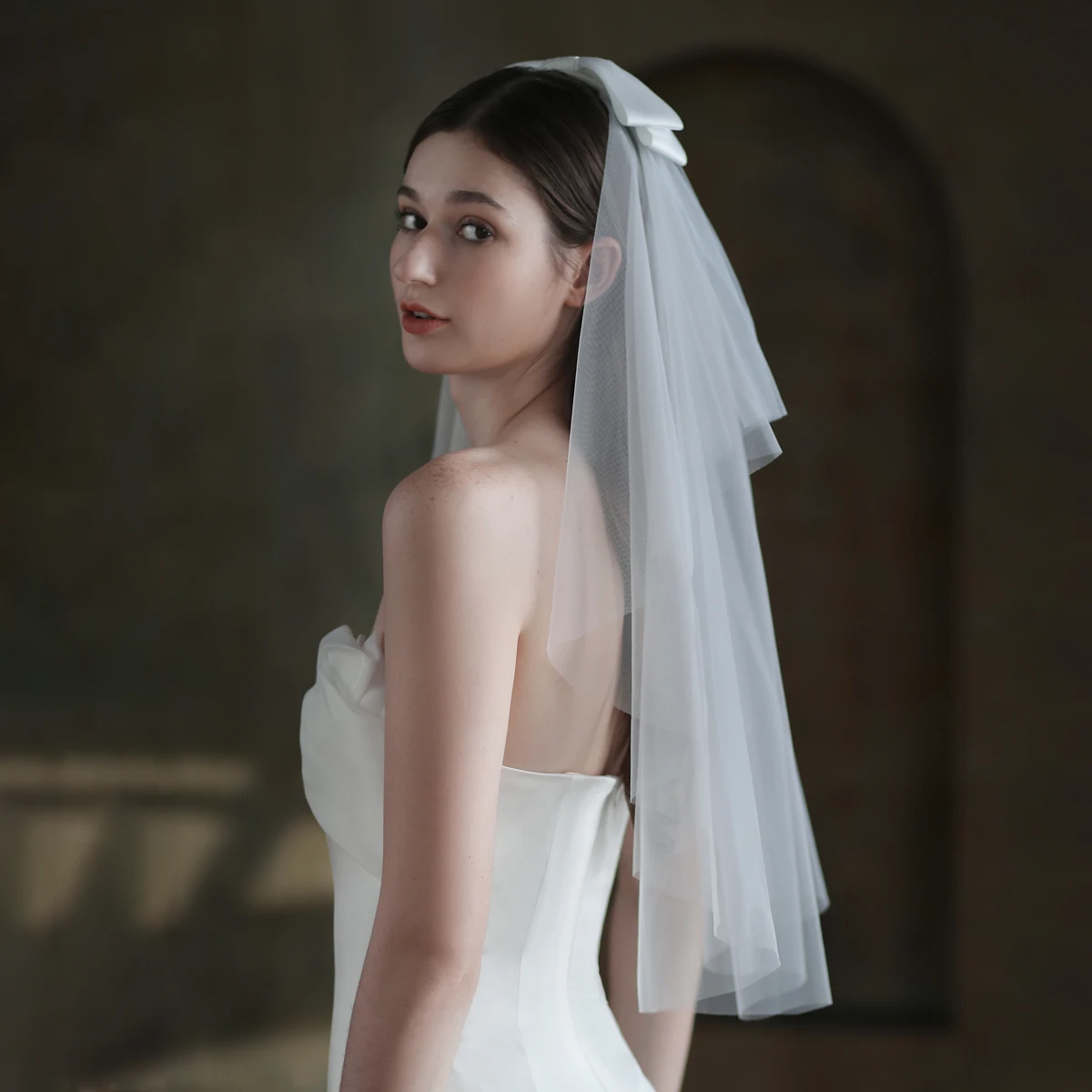 Bridal Veil V848 White Soft Tulle Two-Layer Wedding Bridal Veil of Satin Bow with Hair Comb