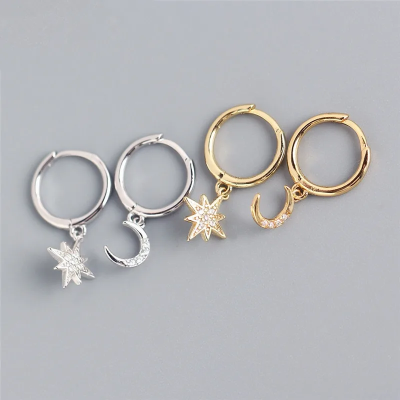Prevent Allergy 925 Silver Needle Asymmetrical Star Moon Earrings Crystal Charms Stud Earrings For Women Girls Jewelry eh375 silver earrings silver stud earrings womens earrings silver needle earrings crystal ear studs