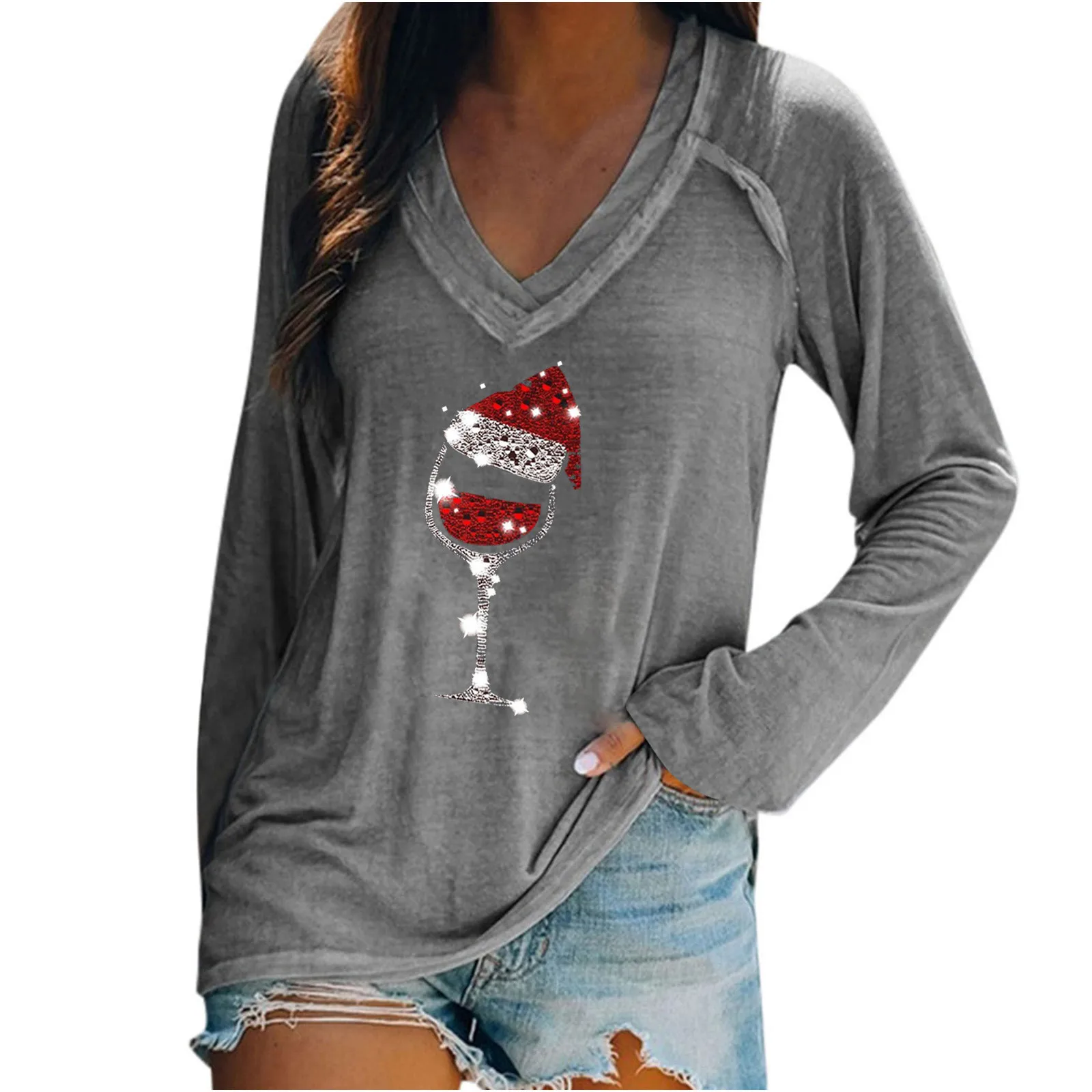 

V Neck Women's Fashion Chirstmas Shirt Top Print Soft Long-Sleeved Warm Sweatshirt Casual Autumn Blouse Pullover Y2k Clothing