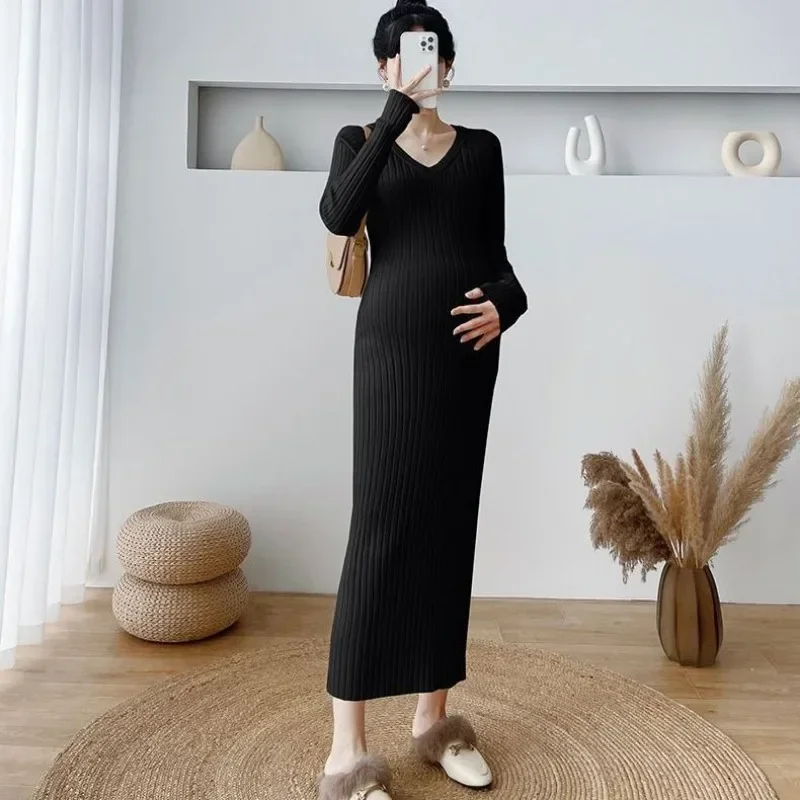 

Black Maxi Robe Evening Women's Dresses Long Clothing Knit Loose Female Dress Apricot Crochet V Neck Sensual Sexy Y2k Designer