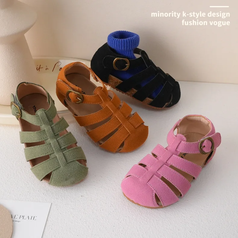 

Eu21-35 Summer New Children's Casual Sandals Solid Color Princess Suede Roma Shoes Kids Beach Shoes Slippers