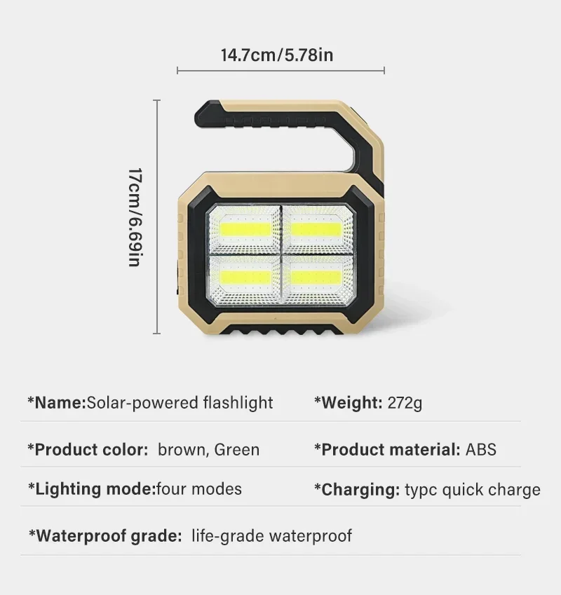 Description Picture 3 of itemSolar Energy Working Lamp Powerful Flashlight Rechargeable Camping Spotlight with Side Light 5 Lighting Mode for Camping Outdoor