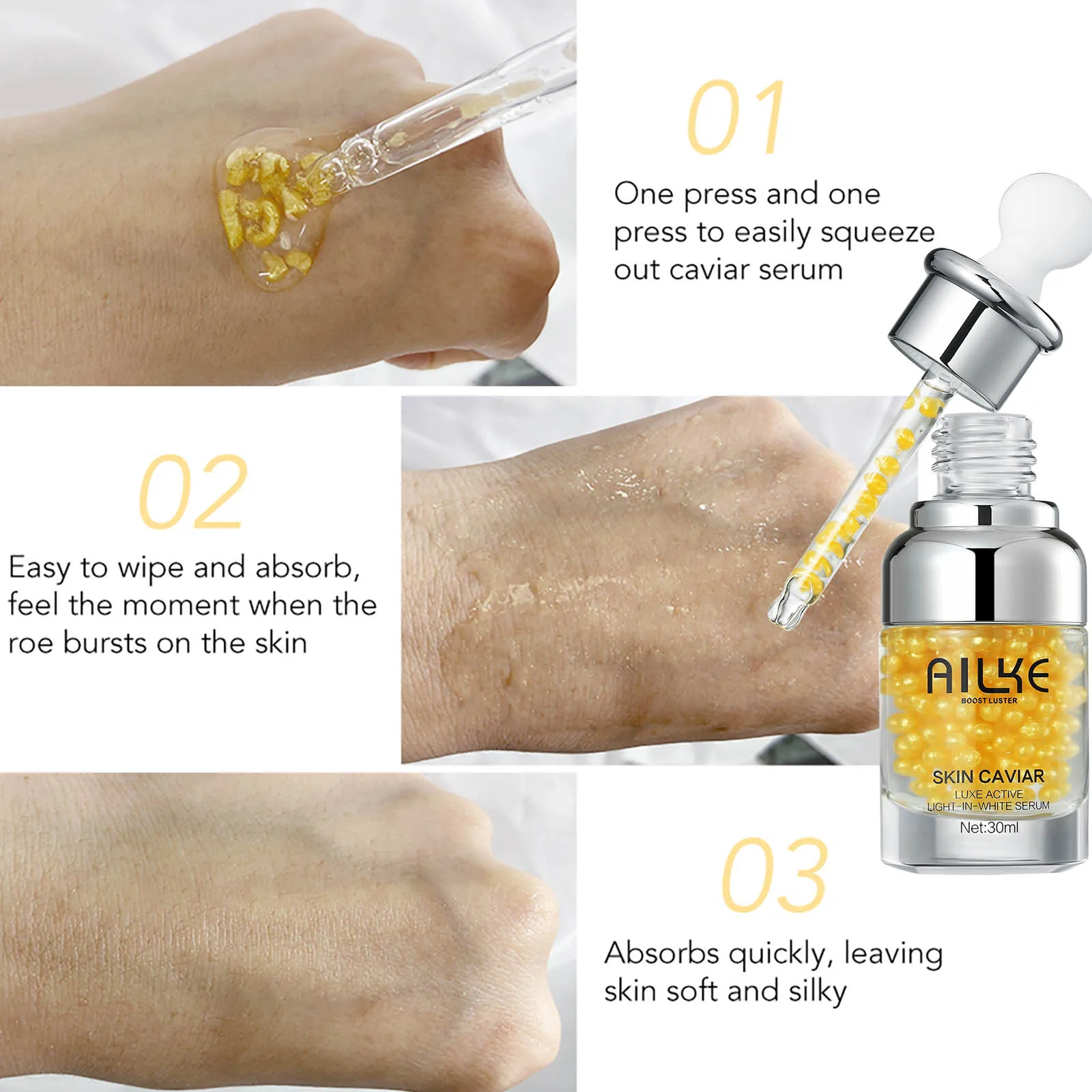 AILKE Caviar Brightening Face Serum, Anti-Wrinkles, Fine Lines, Dry Lines, Moisturizing, Whitening Essence For All Skin Types