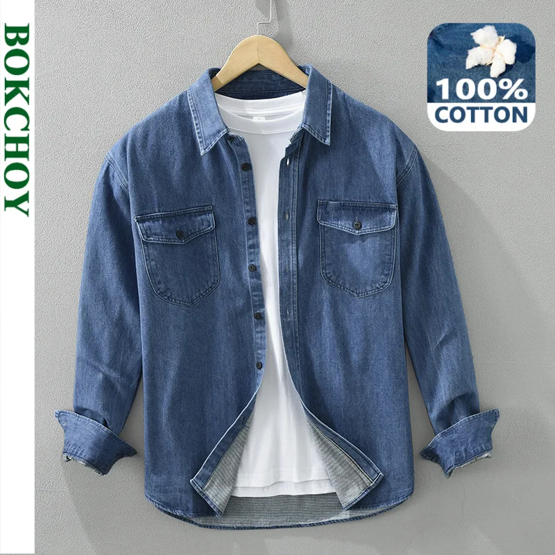Denim Cotton Long Sleeve Shirts for Men Clothing Casual Turn-down Collar Soft White Shirt