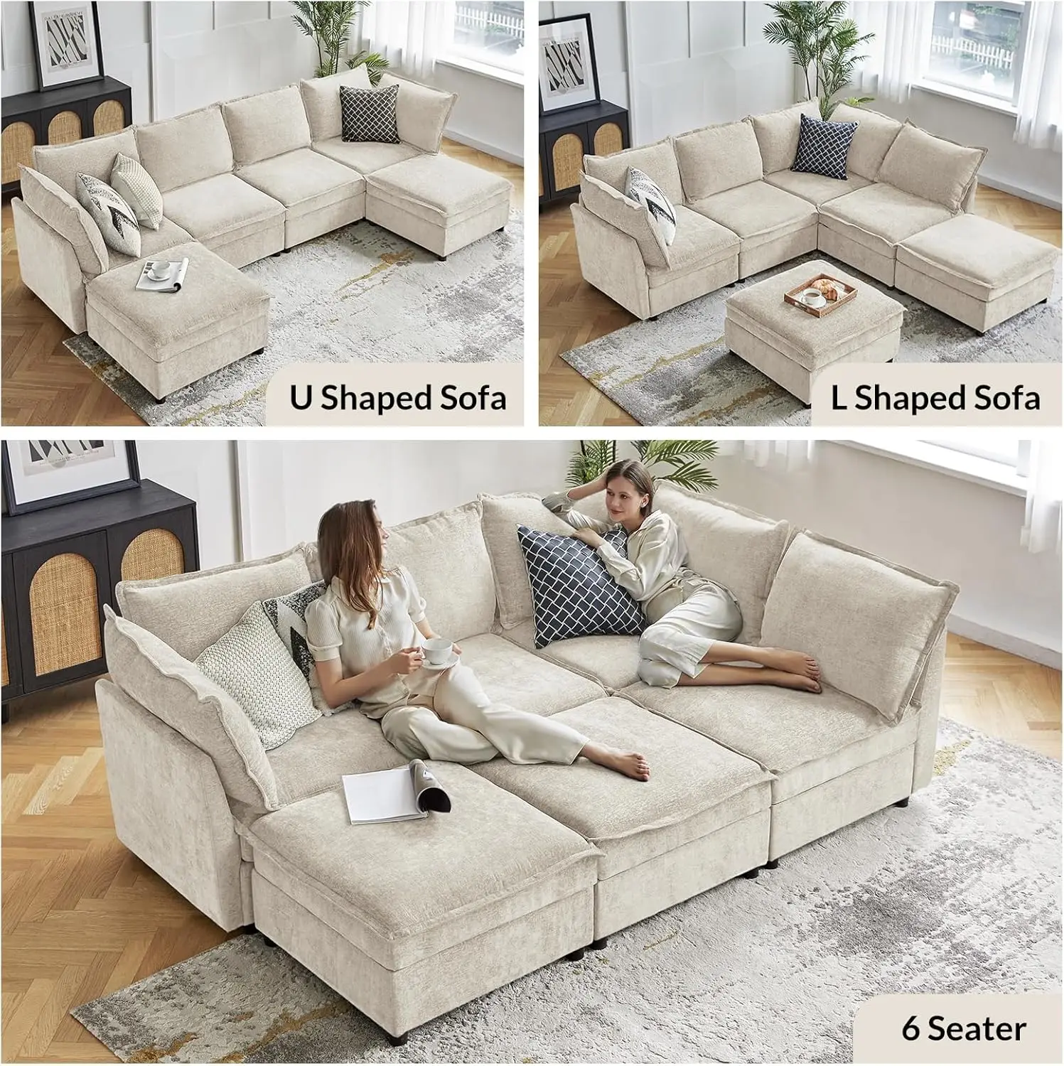 127'' Modular Sectional Sofa, Oversized U Shaped Couch with Storage Ottoman, Comfy Chenille Sofa with Deep Seat, 6 Seat
