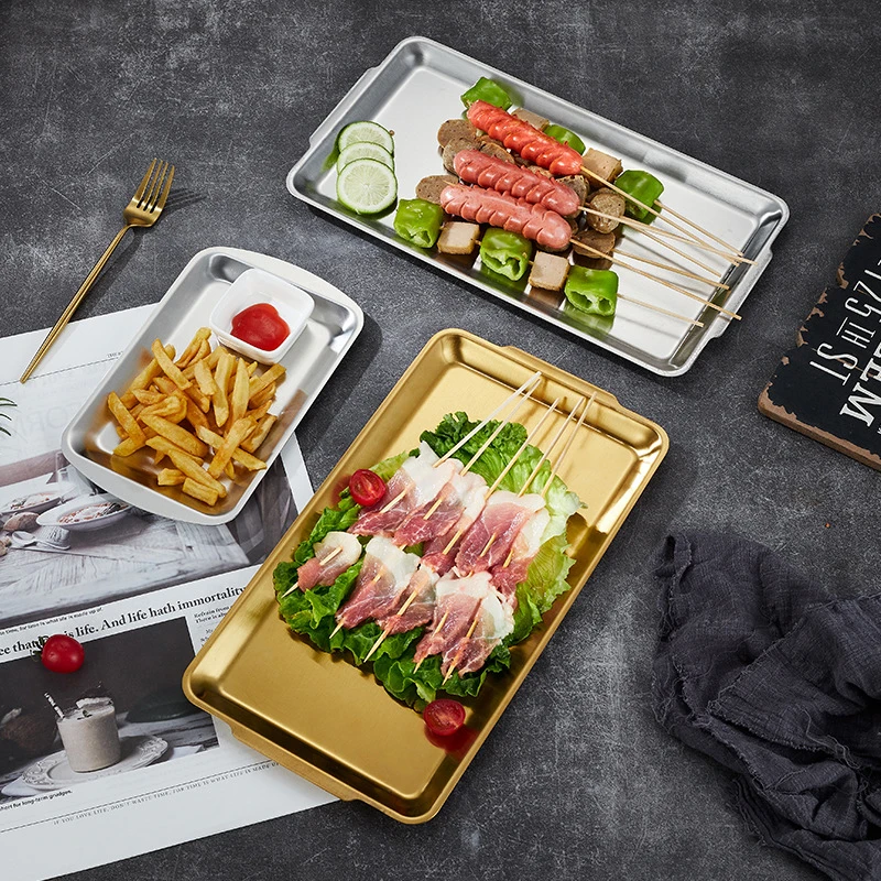304 Stainless Steel Plate Rectangular Plate Golden Tray Craft Decoration Steak Barbecue Snack Tray Kitchen Accessories rectangular stainless steel tray