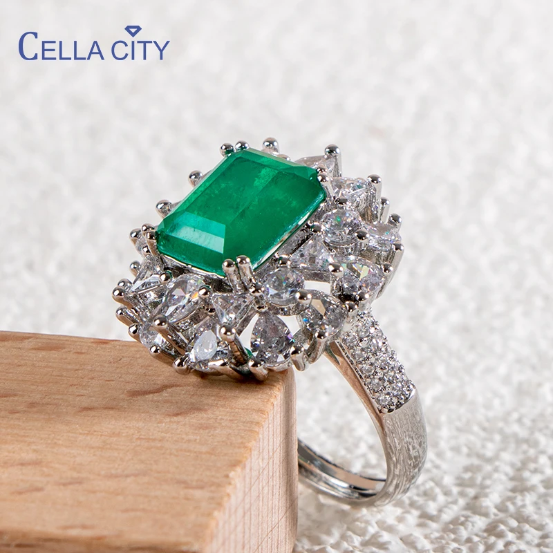 Cellacity 925 Silver Big Ring Square Emerald Tourmaline for Women Shiny