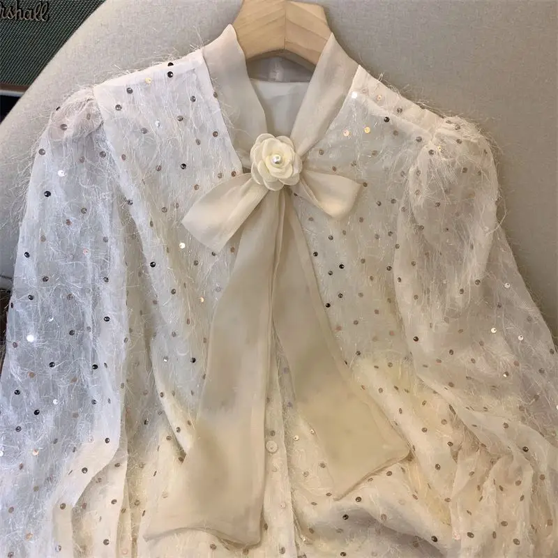 Sequins Elegant Shirt For Women Stylish Workwear Fashion Ladies Blouse Tops Bow Collar Long Sleeve Office Ladies Blusas Shirts