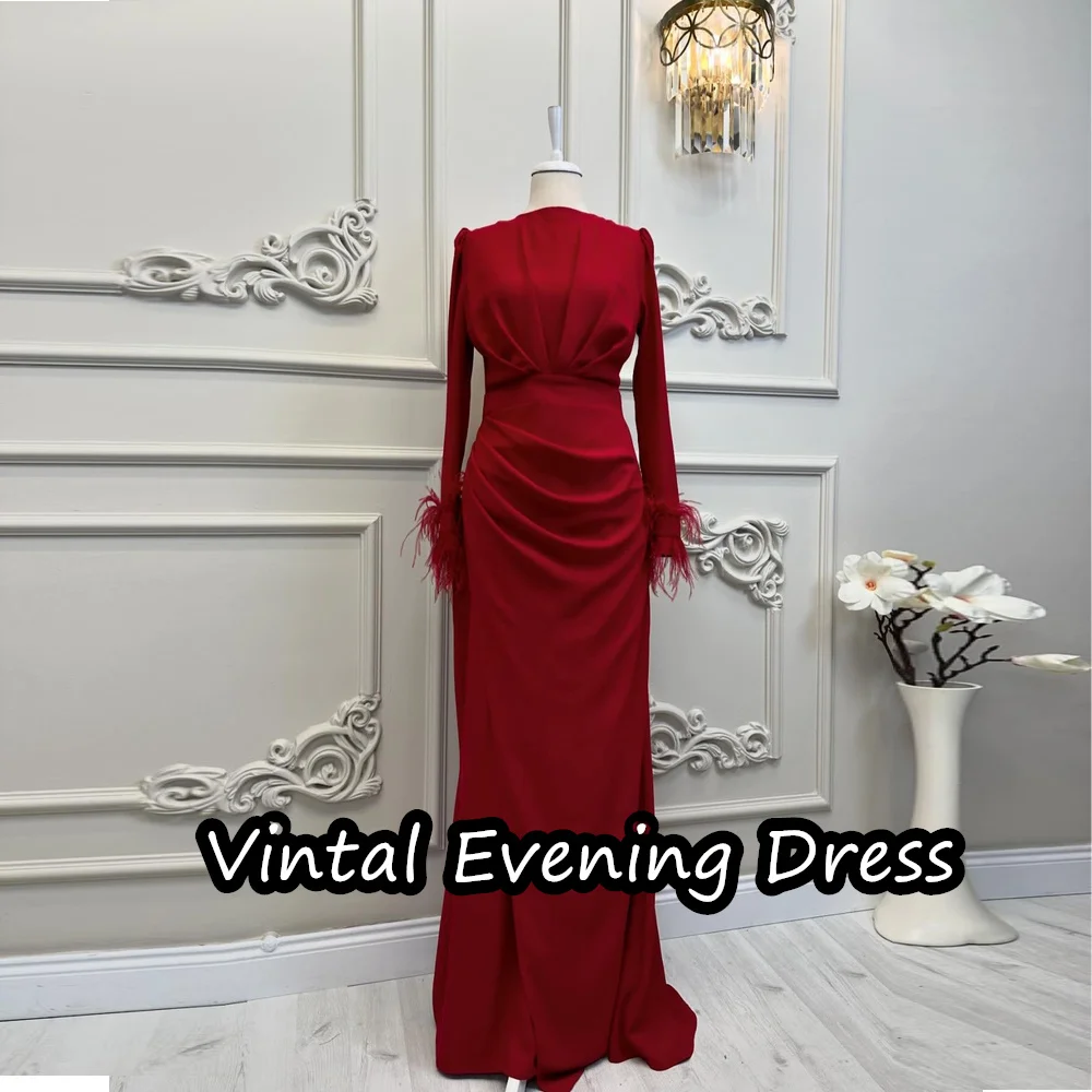 

Vindal Mermaid Floor Length Evening Dress Elegant Crepe Ruffle Empire Prom Dresses Long Sleeves Scoop Neckline For Woman 2024