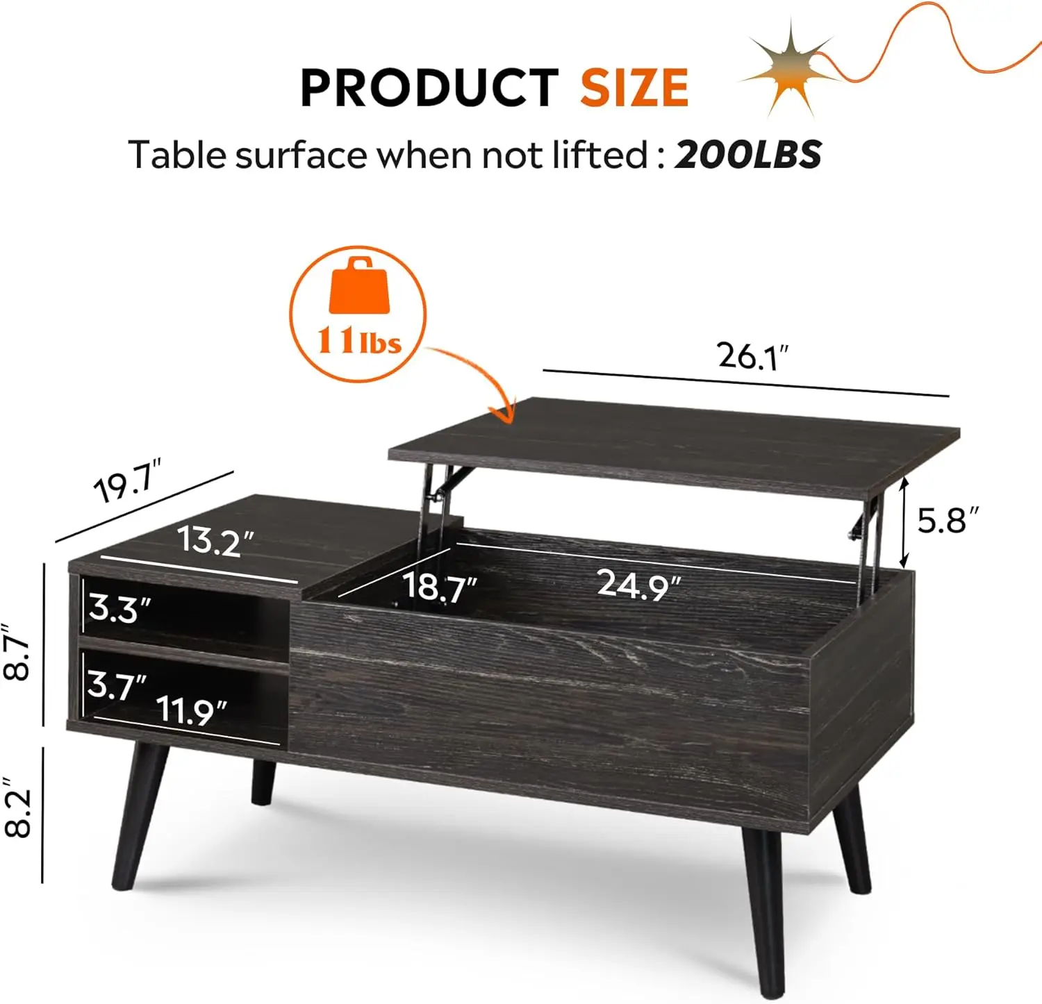 Coffee Table with Hidden Compartment and Adjustable Storage Shelf, Lift Tabletop Dining Table for Home Living Room, Office 4