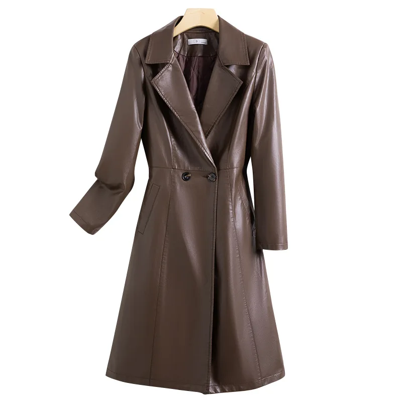 2023 Autumn and Winter New Coffee Black Leather Clothes Women's Over-the-Knee Leather Windbreak Trench Coat Street Overcoats