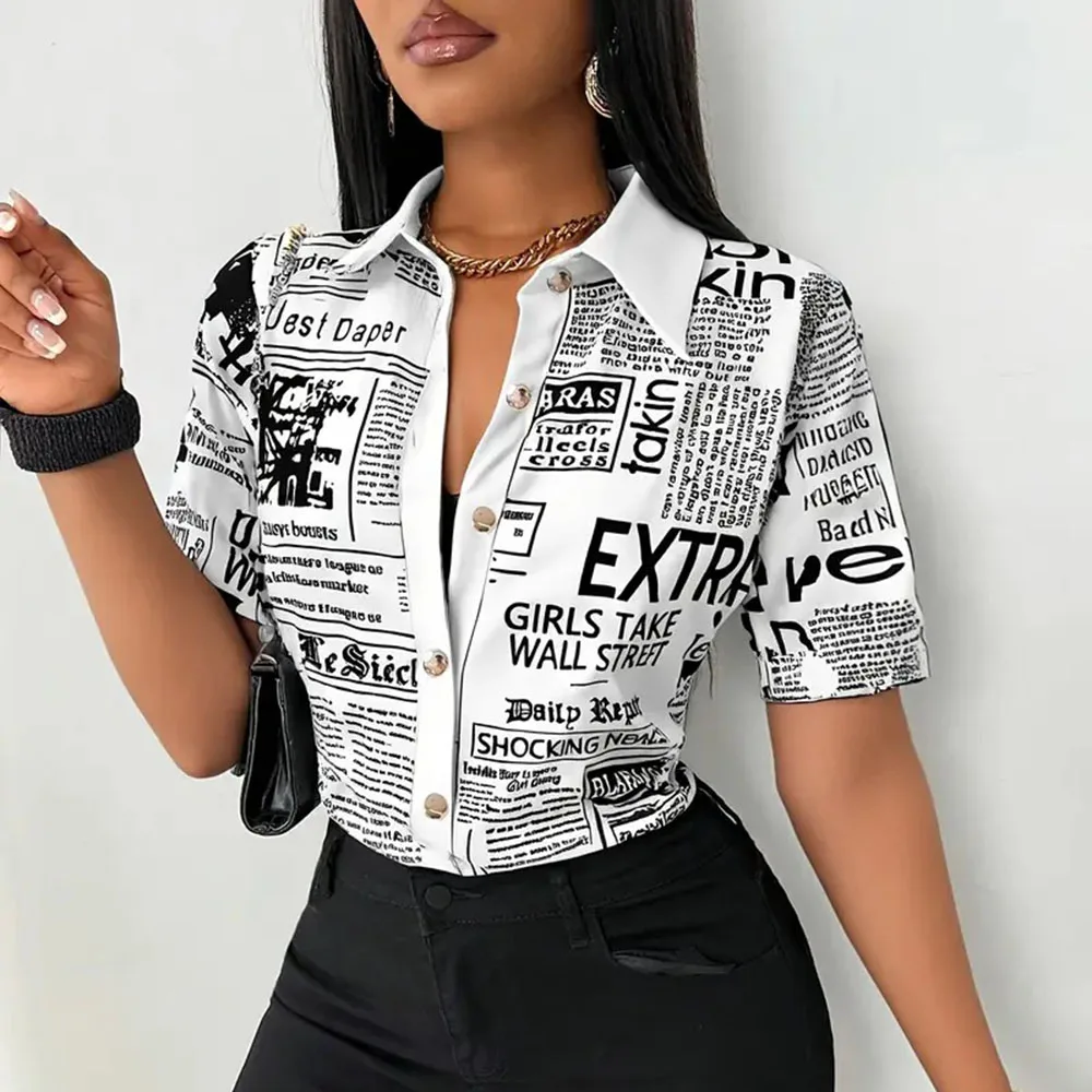 Summer Casual Print Blouse Women 2025 Fashion Short Sleeve Tops Turn-down Collar Shirts Elegant