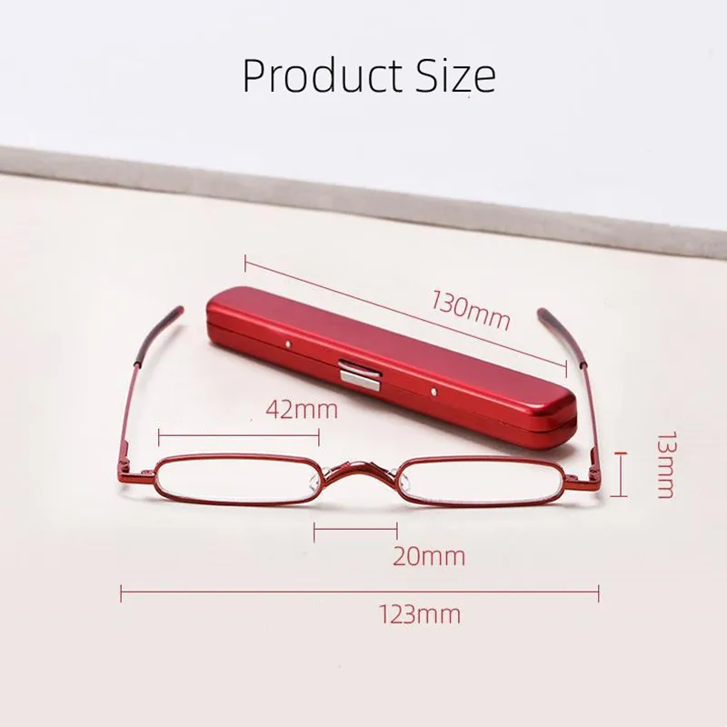 Unisex bolso leitura óculos, mini metal óculos com caneta tubo caso, dioptra + 1.0/1.5/2.0/2.5
