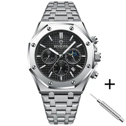 BINBOND Luxury Stainless Steel Luminous Chronograph Quartz Watch (Silver Black)