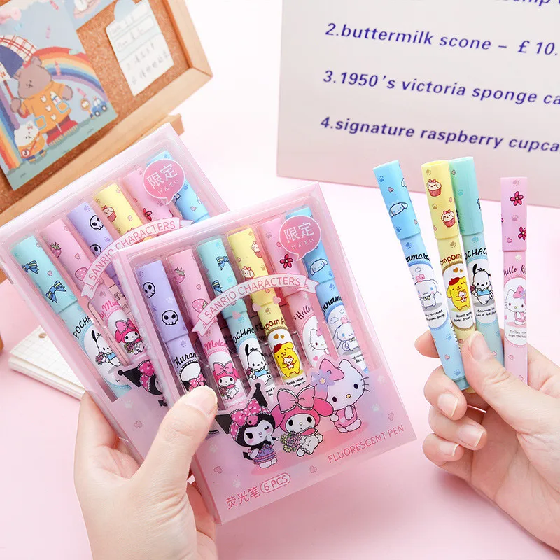 6Pcs Sanrio Highlighter Pen Set Hello Kitty Kawaii Kuromi
