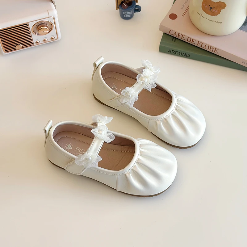 Spring Autumn Little Girls Leather Shoes Princess Fashion Kids Causal Shoes Pleated Lace Children Wedding Party Flat