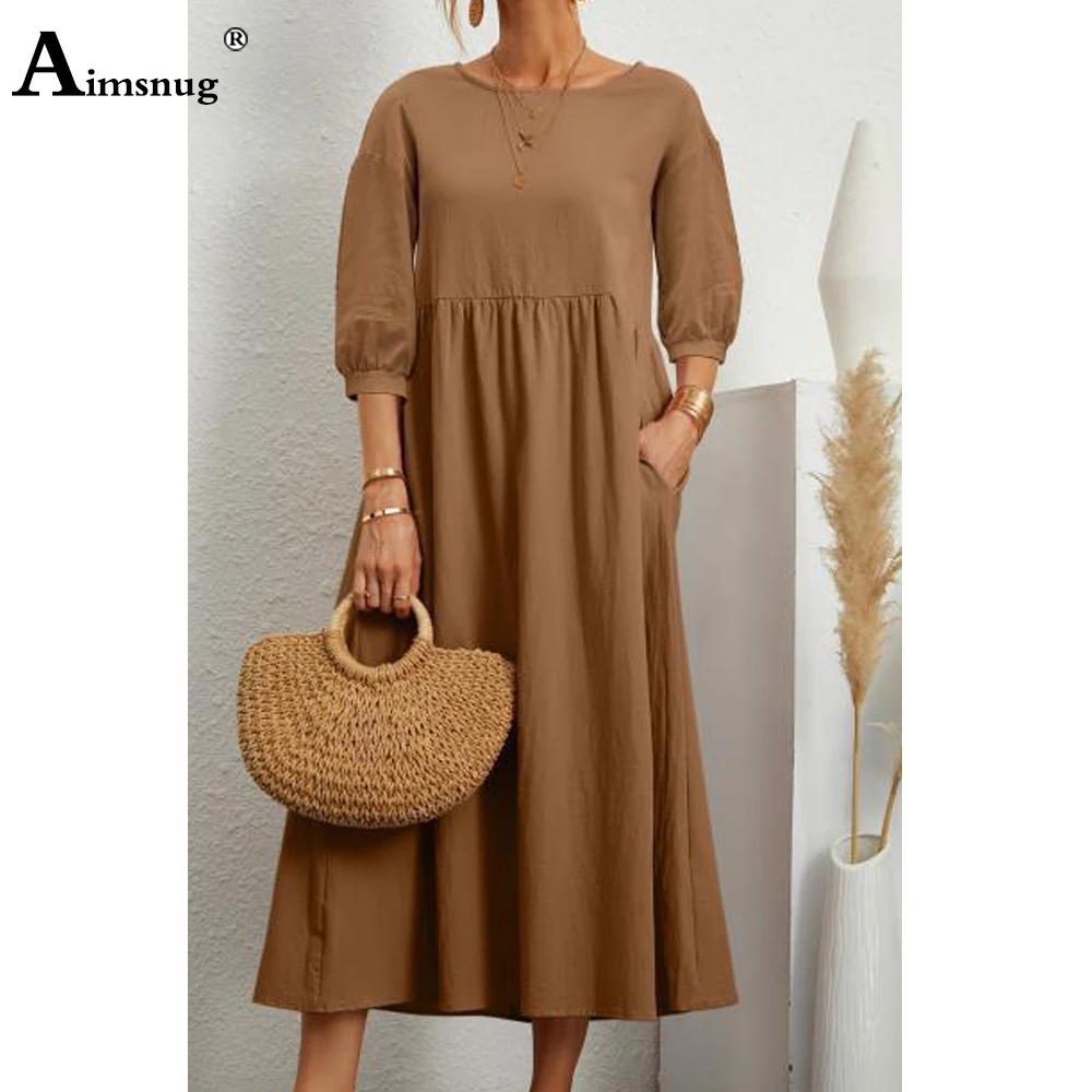 Women Elegant Maxi Dress Summer Three Quarter Sleeve Cotton Linen Party  Dresses Long Robe 2022 Femme Vintage Pockets Loose Dress - купить по  выгодной цене | AliExpress
