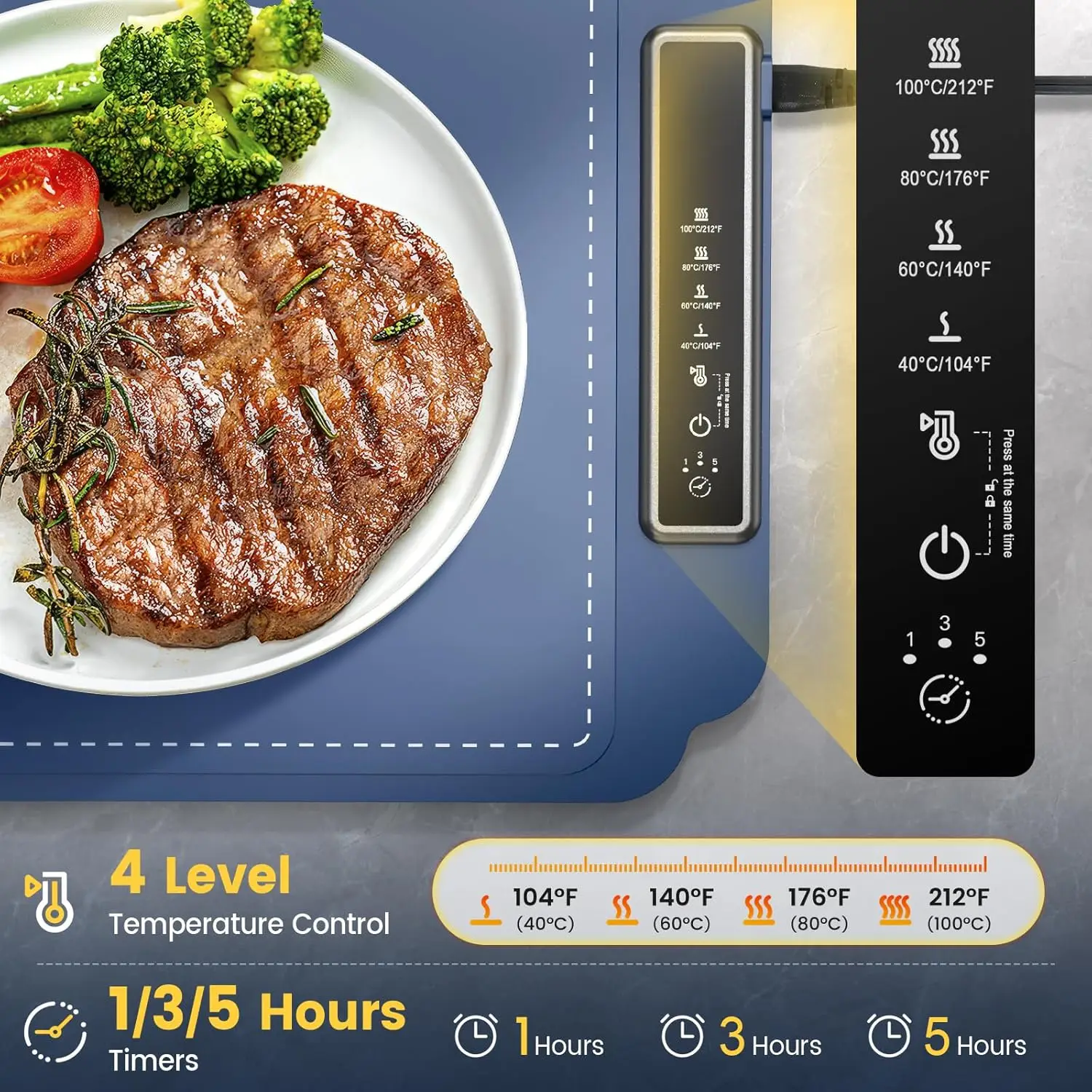 Warming Mat for Food, Food Warmer with 4 Level Adjustable Temperature, Full Surface Heating, Rollable