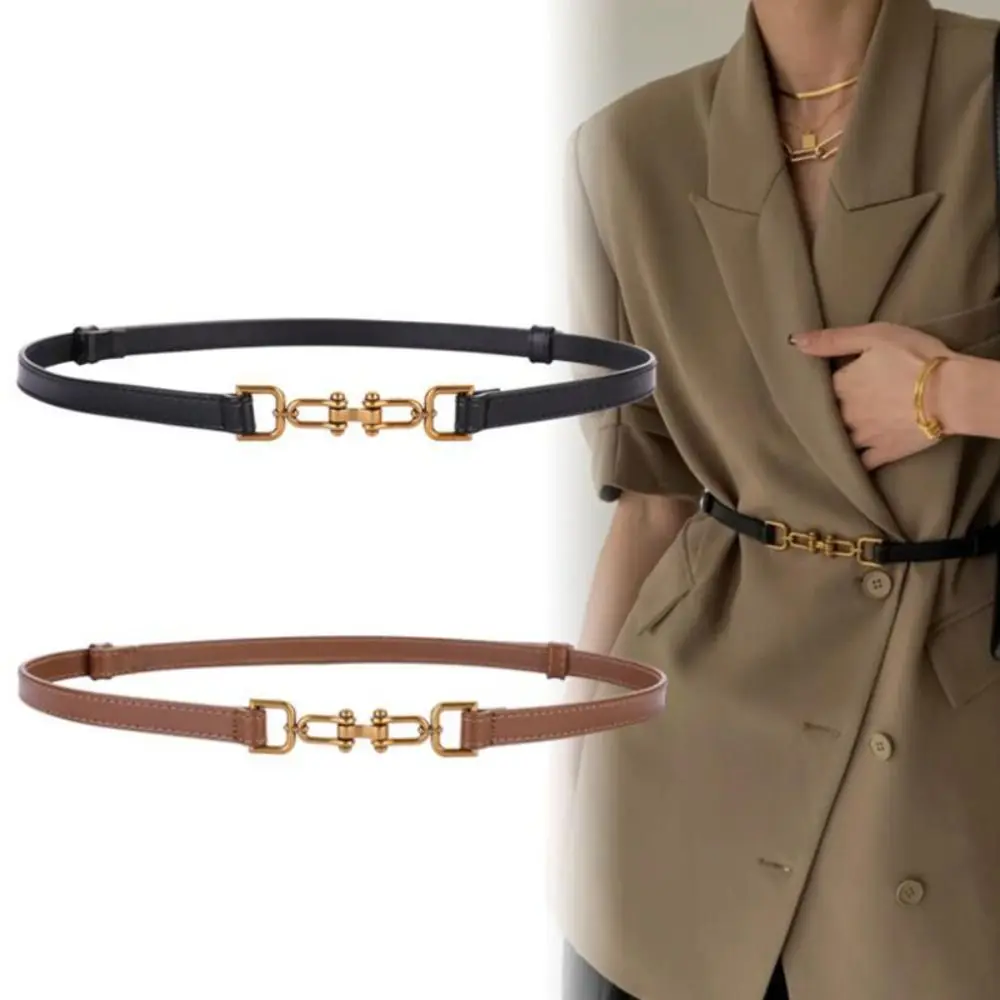 

Gold Metal Buckle Waist Belt Simple Pu Leather Adjustable Dress Coat Decorative Waistband Thin Skinny Waist Straps Women