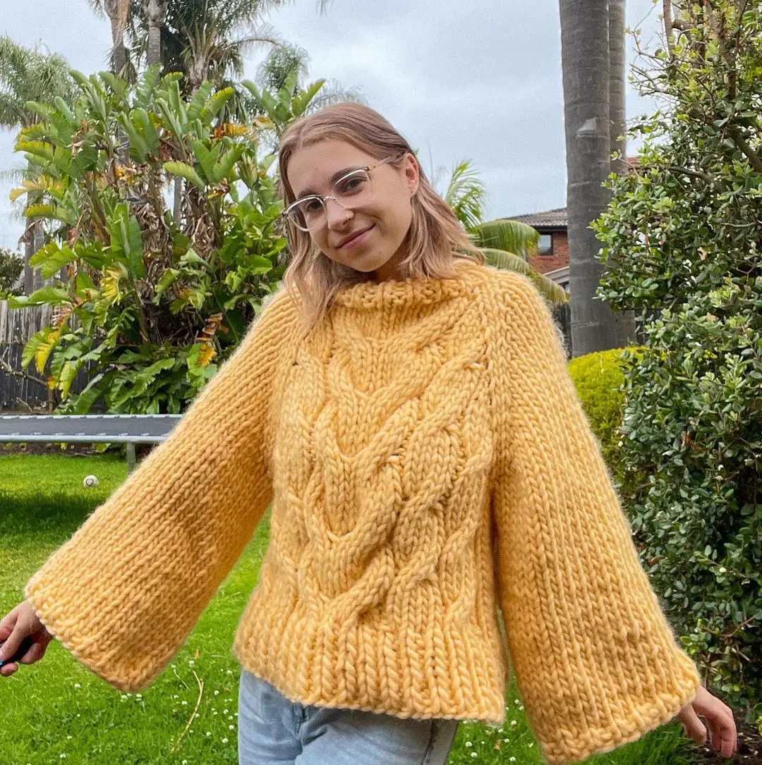 

2024 New Spring Dress Yellow Women's Pure Wool Stick Knit Handwoven Sweater Knit Shirt Large Relaxed Casual Lazy Pullover Large