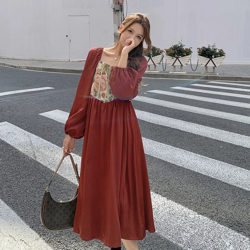 

2022 New Pattern French Western Style Light Luxury Sense Design Floral Long Sleeve Dress Free Shipping
