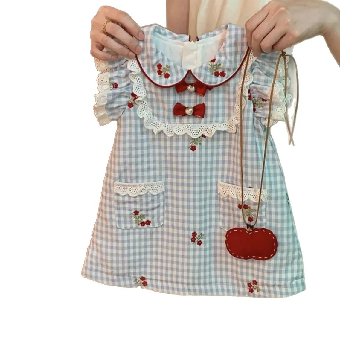 Girls French Dress 2025 New Summer Elegance Children Blue Checkered Tank Top Dress Girls Sweet Princess Dress - 5