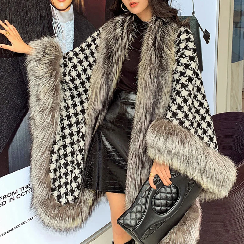 여성 Houndstooth 양모 판초 리얼 실버 폭스 목도리 리얼 폭스 모피 케이프 칼라 커프 따뜻한 외투 겨울 가을 S3547