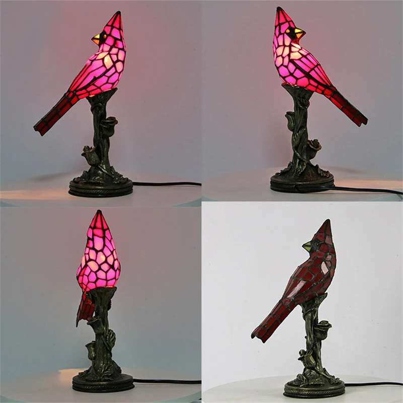 

TEMAR Tiffany Glass Table Lamp Vintage LED Creative Red Bird Desk Lighting For Home Study Bedroom Bedside Decor
