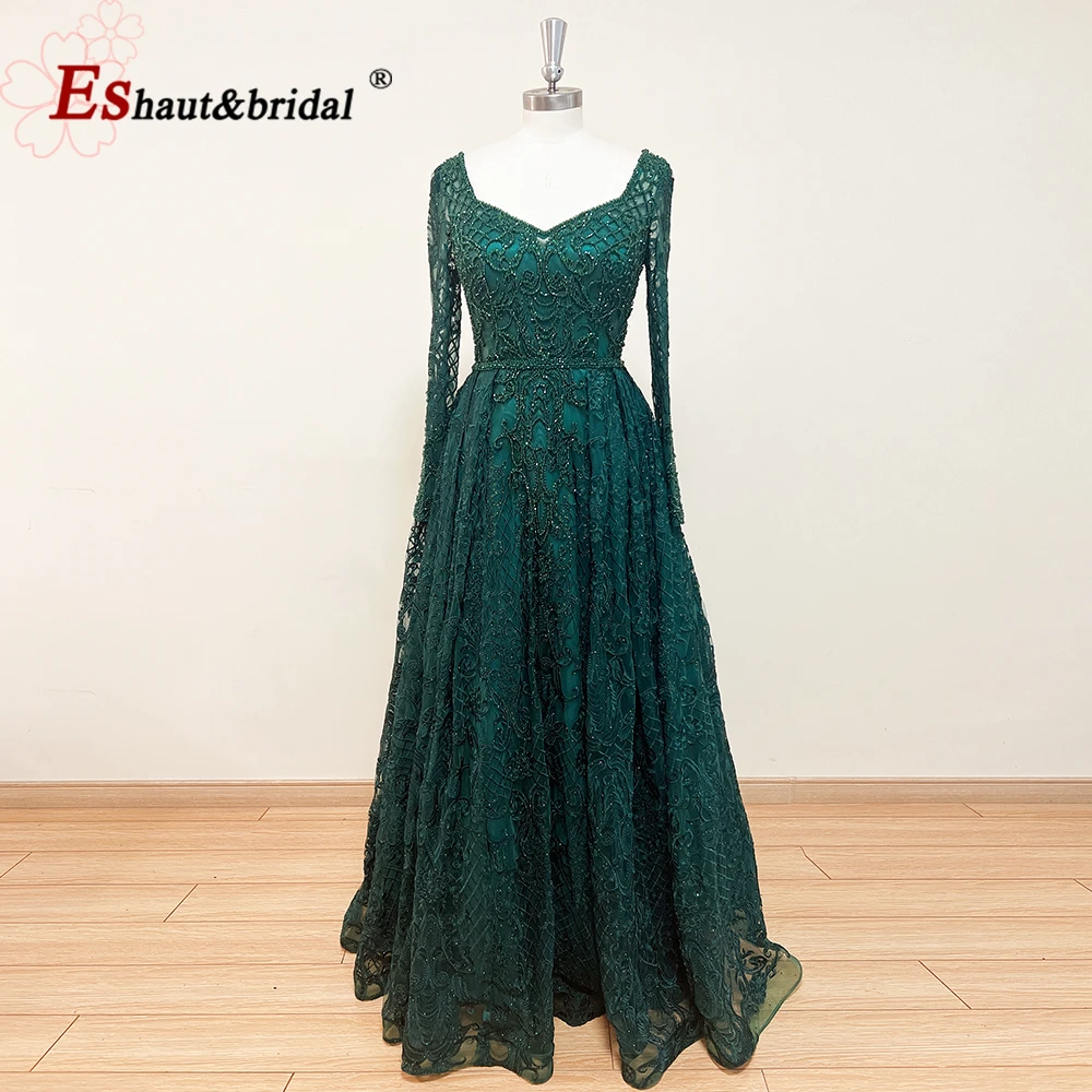 Elegant Dubai Evening Night Dress For Women 2022 V Neck Long Sleeves