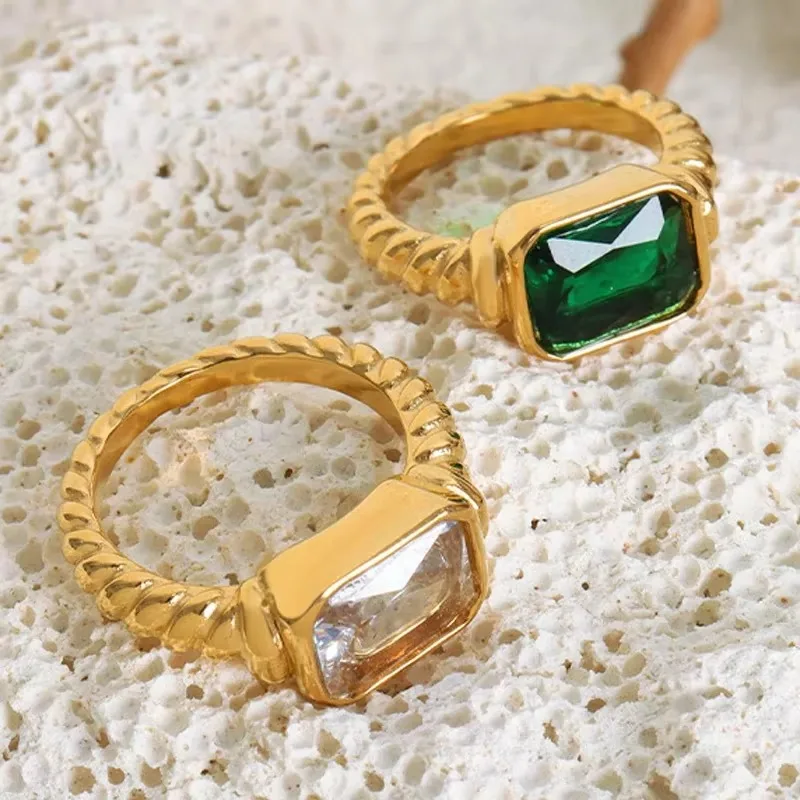 18K Gold Plated Square Multi-color Crystal Chunky Rings Stainless Steel Hypoallergenic Texture CZ Zircon Knuckle Ring Anillos