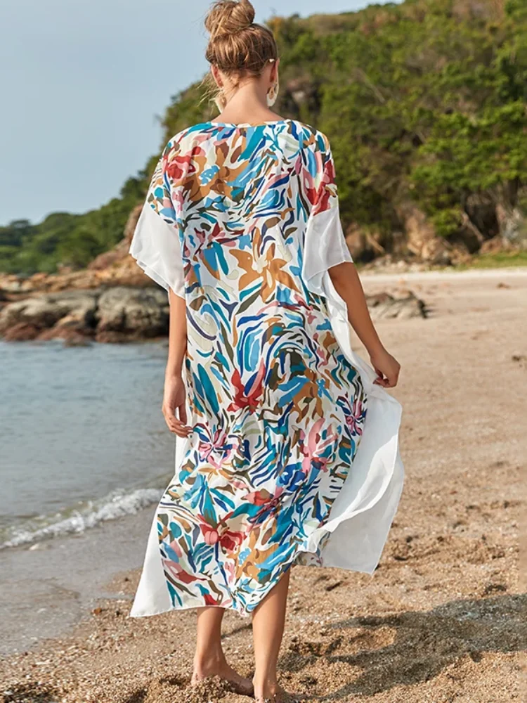 Vestidos playeros bohemios para mujer, caftán con estampado de ropa de  playa, vestido Sexy de manga larga con cuello en V, Túnica Floral Maxi de  talla grande 2023 - AliExpress