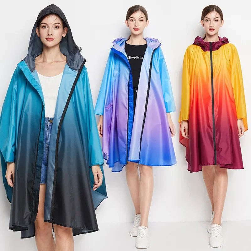 

Gradient Women Poncho Raincoat Waterproof Hood Cover Wear Outdoors Rain Coat Zip Cloak Colourful