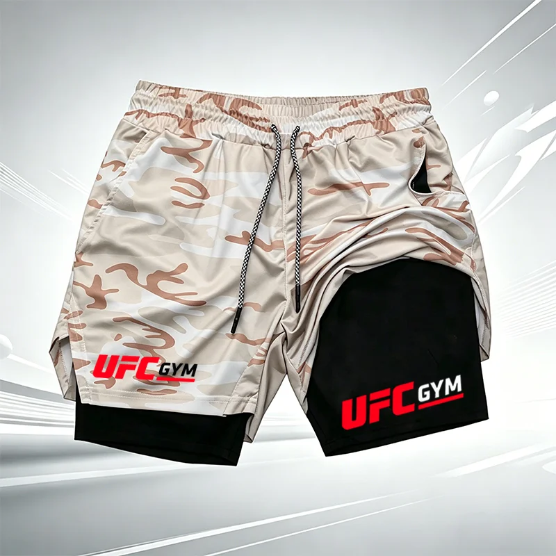 Men's UFC GYM 2-in-1 Compression Shorts Quick Dry Breathable Running Gym Training Shorts with Built-in Liner and Logo wx215