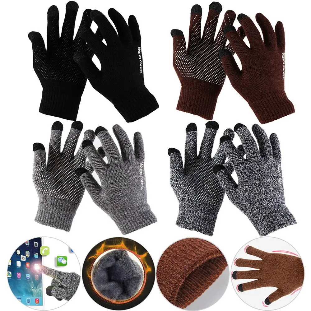 Men Women Touch Screen Gloves Winter Warm Stretch Wool Knitted Full Finger Mittens Non-slip Gloves