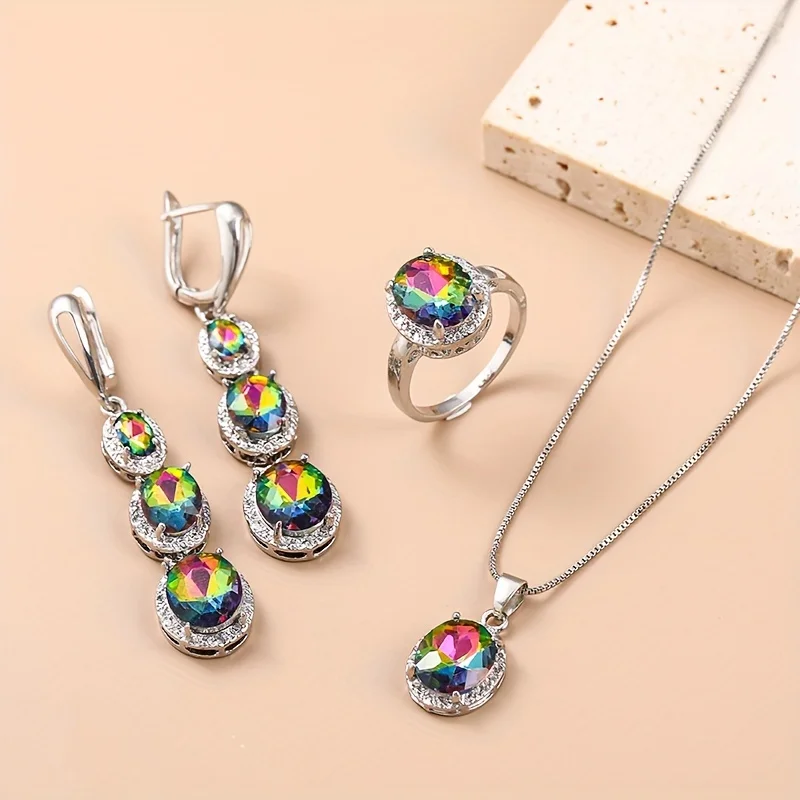 1 Pair Of Earrings + 1 Necklace + 1 Ring Elegant Jewelry Set Inlaid Shining Zirconia Engagement/ Wedding Jewelry Gift For Female - 3